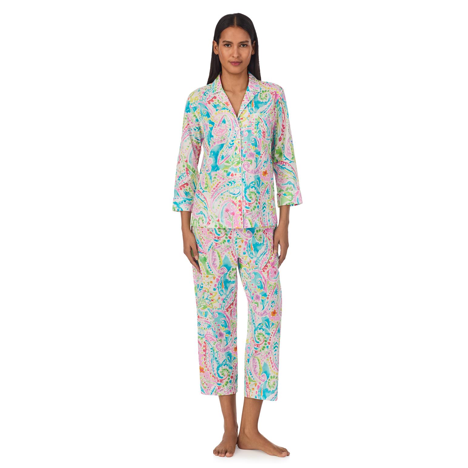 Lauren Ralph Lauren Cotton Lawn 3/4 Sleeve Notch Collar Capri Pajama Set